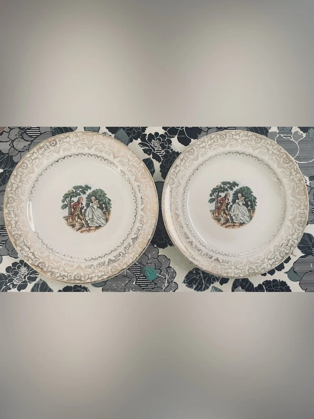 Vintage Salem Pair Classic Scenic Salad Plates in White and Gold-Tone Accent